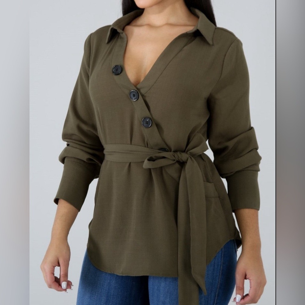 Essue Olive Green Belted Button Up Shirt Small Long Sleeve Trench Style Top NWT